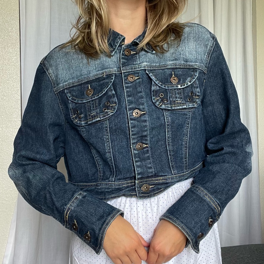 Vintage Blue Denim Jacket with Embroidered Patch